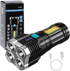 4 in 1 LED Torch Lights Rechargeable Emergency Torch Light 3W USB Charge Flashlight - High Power Long Distance Beam Range 4 Modes Torch for Outdoor, Indoor, Hiking, Walking