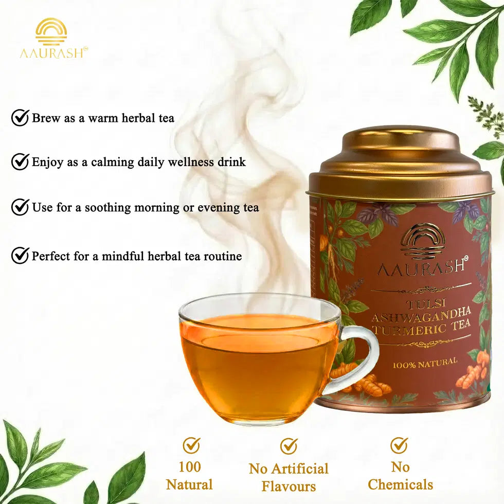 Aaurash Tulsi Ashwagandha Turmeric Tea for Immunity | Naturally Caffeine Free Ashwagandha Herbal Tea (60gm)