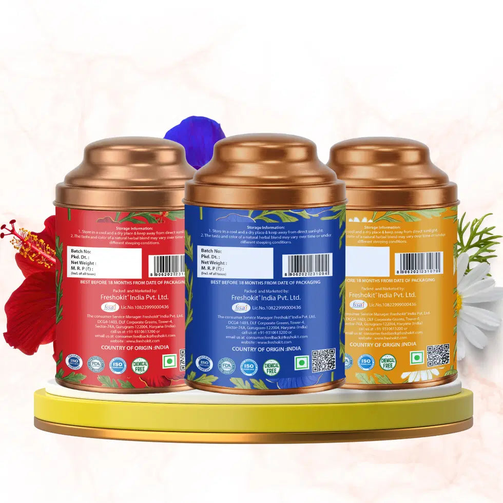 Aaurash Chamomile Tea, Blue Tea & Hibiscus Combo | 100% Natural Flower Tea | Caffeine-Free Herbal Wellness Tea | Supports Relaxation, Skin Health & Detox | Rich in An
