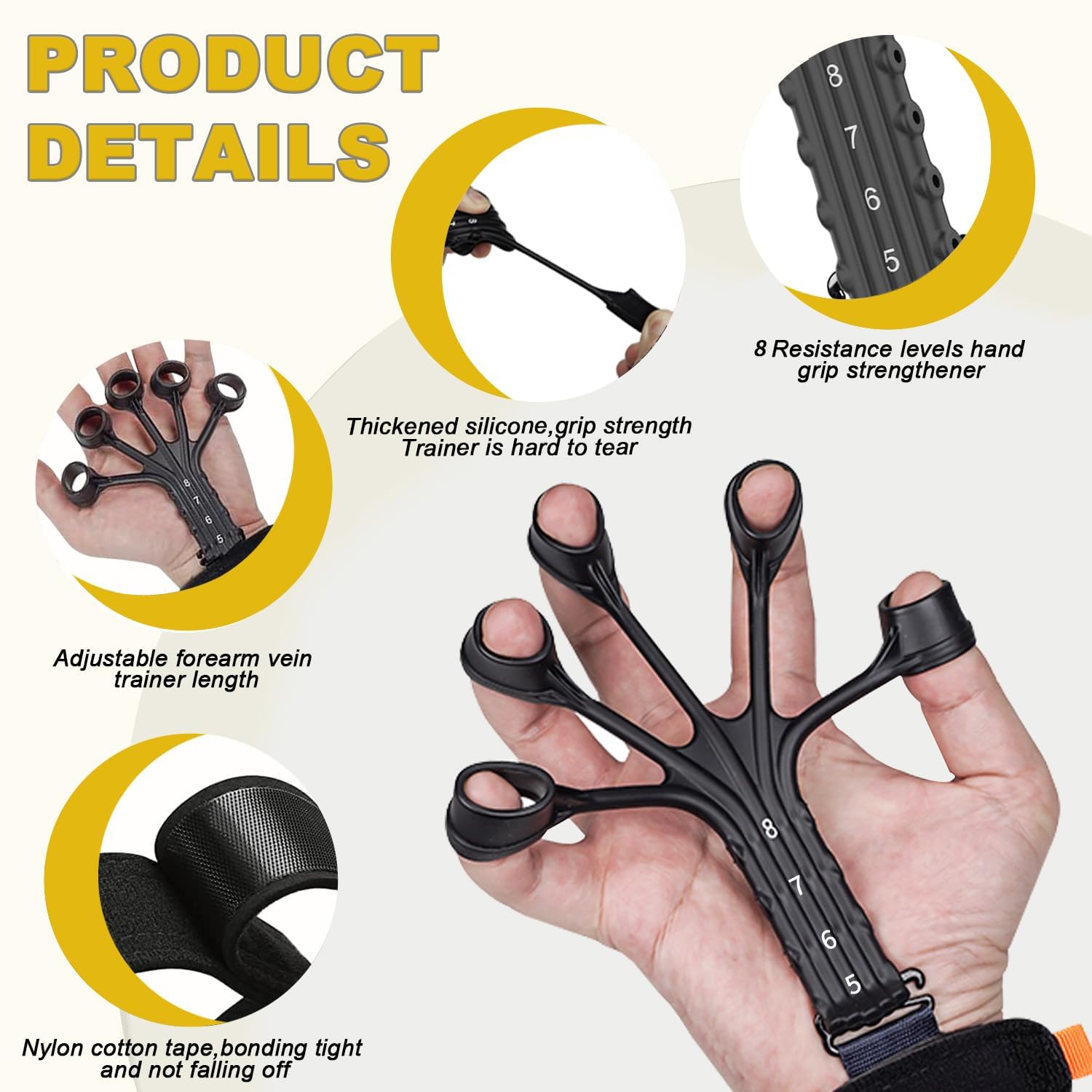 Adjustable Hand Grip Strengthener – 8 Resistance Levels Finger Exerciser for Therapy & Training