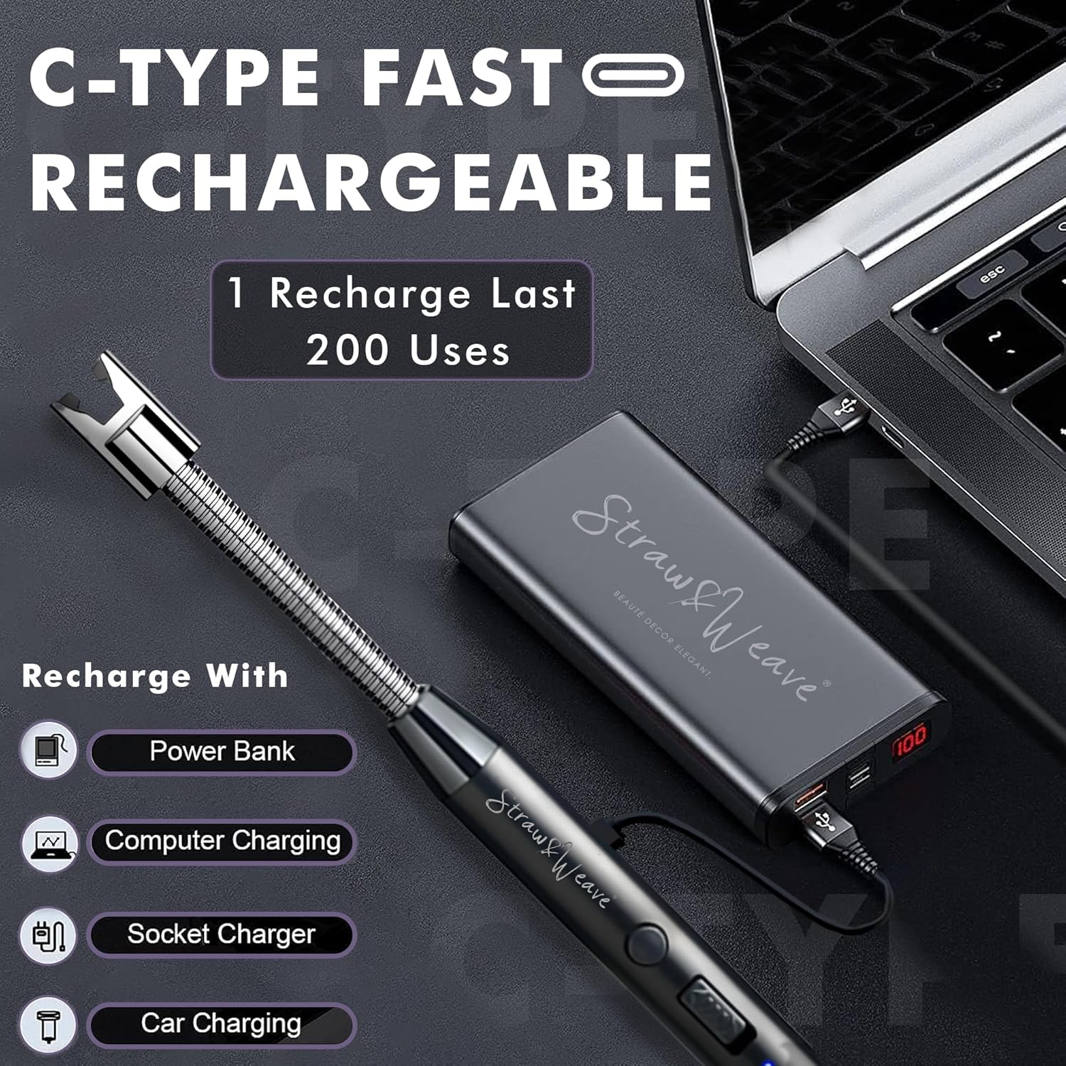 Rechargeable Flexible Electric Candle & Gas Lighter – USB Type-C Long Neck Arc Lighter
